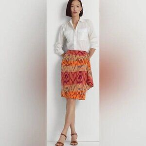 NWT Lauren Ralph Lauren Size 8 Geo Motif Cotton Linen Wrap Skirt Southwest Aztec